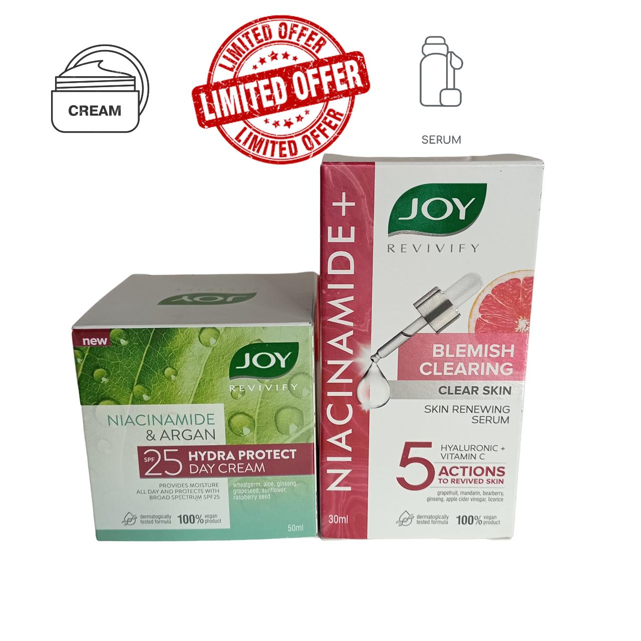 Joy Revivify FACE CREAM ( Niacinamide & Argan Oil) + FACE SERUM ( Niacinamide, Vitamin C & Hyaluronic Acid). Renews, Make skin Clears, Evens, Fade Dark Spots, Acne Marks, Moisturizes & Sunscreen