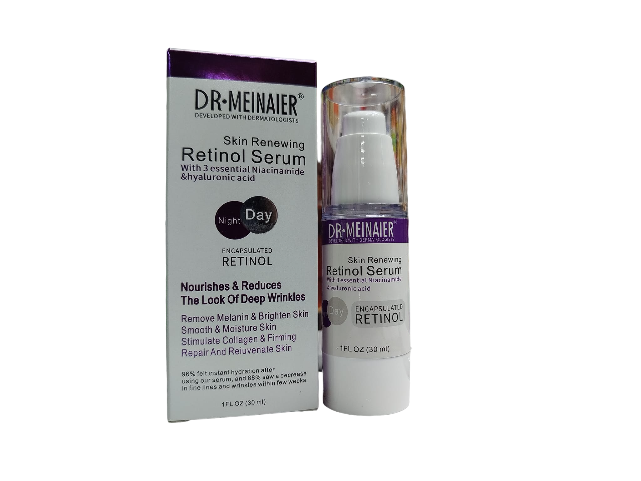 Dr Meinaier Skin Renewal RETINOL Face Serum with NIACINAMIDE & HYALURONIC ACID. Removes Acne, Dark Spots, Wrinkles, Brightens, Moisturizes, Smooths, Firms, Renews and Evens the skin tone.