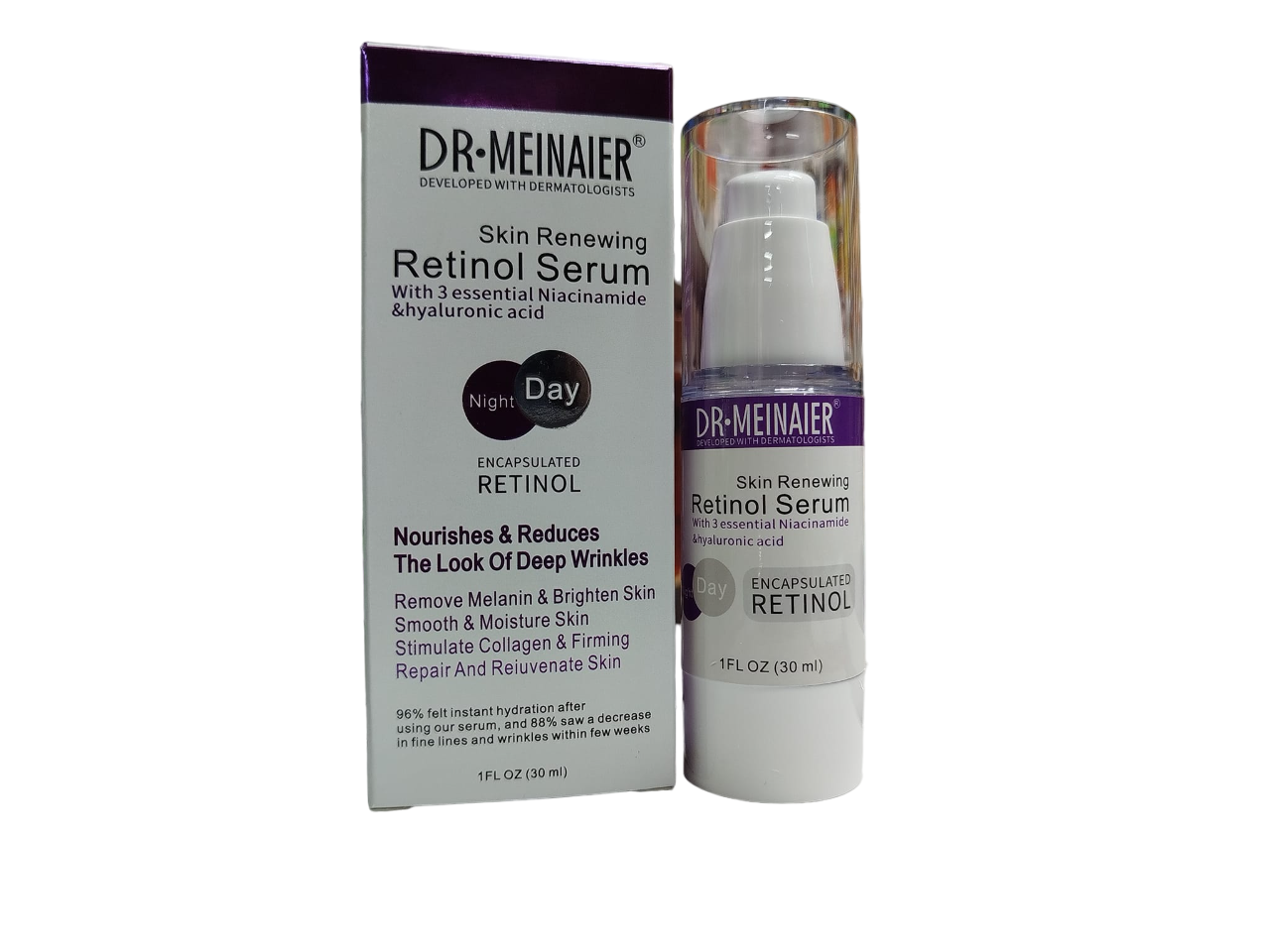 Dr Meinaier Skin Renewal RETINOL Face Serum with NIACINAMIDE & HYALURONIC ACID. Removes Acne, Dark Spots, Wrinkles, Brightens, Moisturizes, Smooths, Firms, Renews and Evens the skin tone.