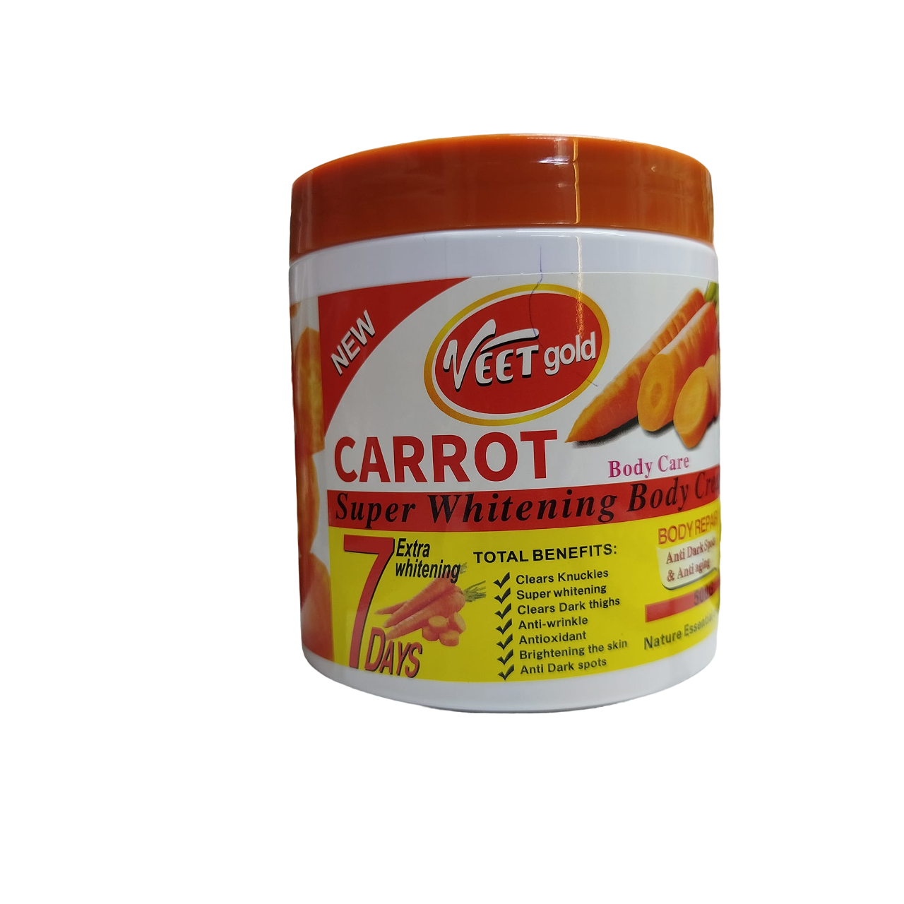 Veet Gold CARROT super whitening Body Cream. Is Anti-Aging, Removes Dark Knuckles, Wrinkles, Dark Spots, Dark thighs, Brightens, Super Whitens, Moisturizes and makes skin fair.