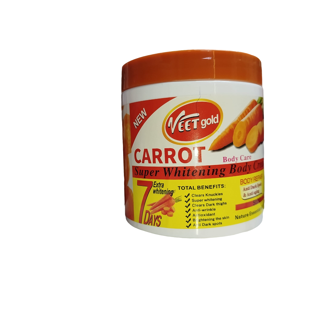 Veet Gold CARROT super whitening Body Cream. Is Anti-Aging, Removes Dark Knuckles, Wrinkles, Dark Spots, Dark thighs, Brightens, Super Whitens, Moisturizes and makes skin fair.