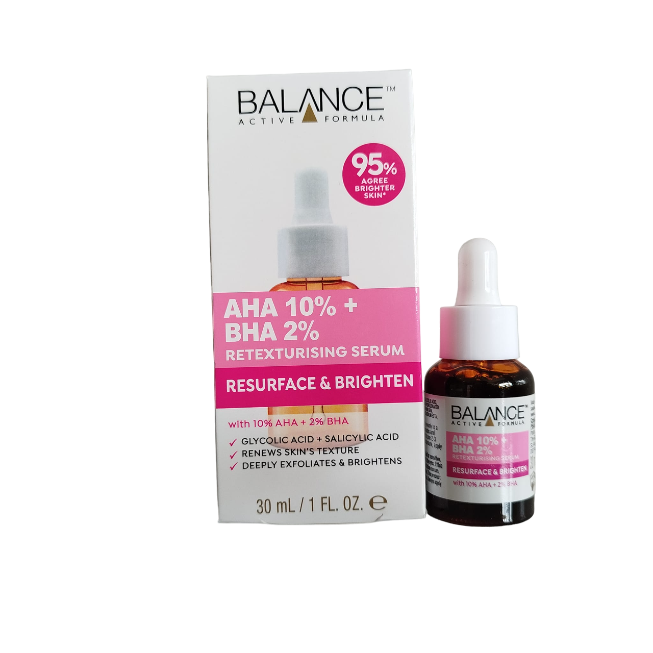Balance AHA 10% + BHA 2% Face Serum. Retexturizes, Brightens, Resurfaces, Renews skin texture, Deply Exfoliates, Evens the complexion and Moisturizes.