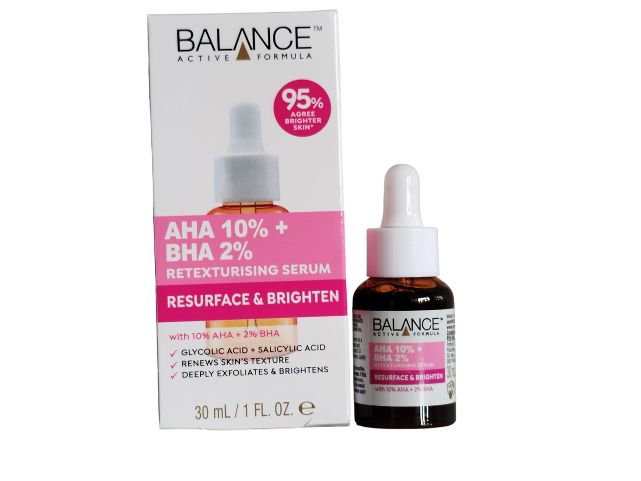 Balance AHA 10% + BHA 2% Face Serum. Retexturizes, Brightens, Resurfaces, Renews skin texture, Deply Exfoliates, Evens the complexion and Moisturizes.