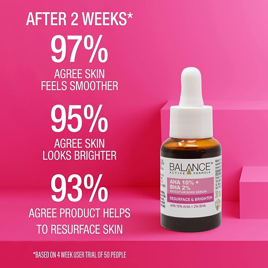 Balance AHA 10% + BHA 2% Face Serum. Retexturizes, Brightens, Resurfaces, Renews skin texture, Deply Exfoliates, Evens the complexion and Moisturizes.