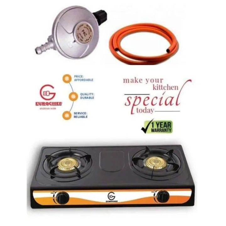 Eurochef Table Top Stainless Steel 2 Burner Gas Cooker Plus 6kg Regulator And1.5M  Pipe