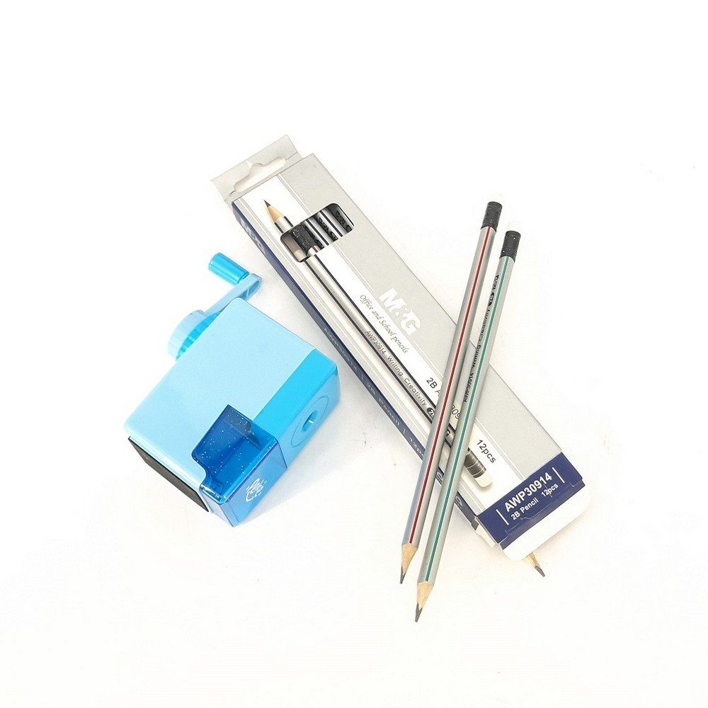 12PCS 2B Pencils and Semi Automatic Rotary Pencil Sharpener