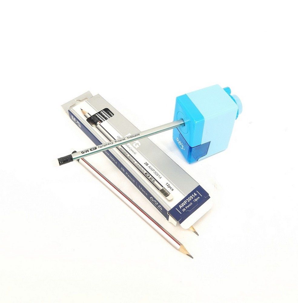 12PCS 2B Pencils and Semi Automatic Rotary Pencil Sharpener