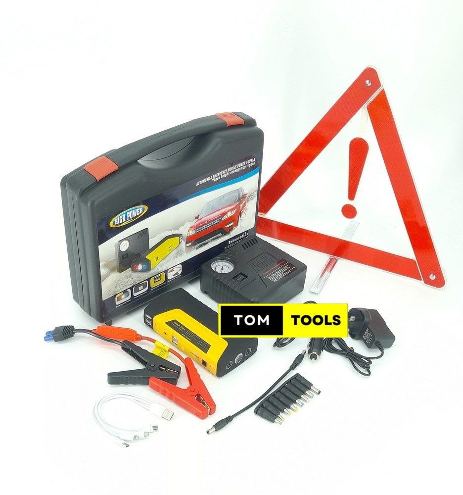 Jump Starter Pack with Inflator, Laptop Charger Connectors, and Hazard Triangles