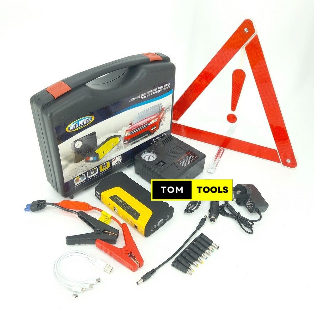 Jump Starter Pack with Inflator, Laptop Charger Connectors, and Hazard Triangles