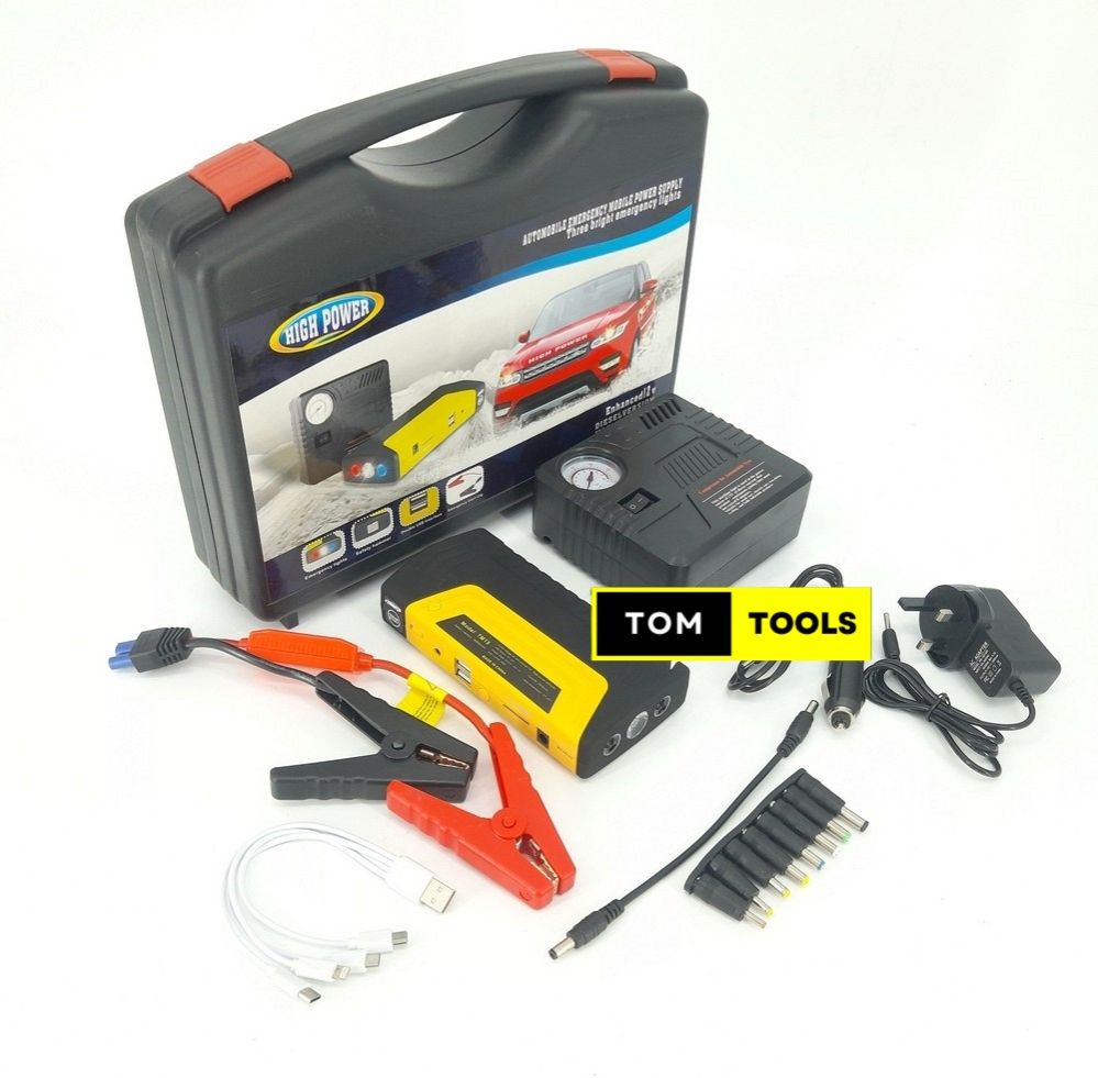 Jump Starter Pack with Inflator, Laptop Charger Connectors, and Hazard Triangles