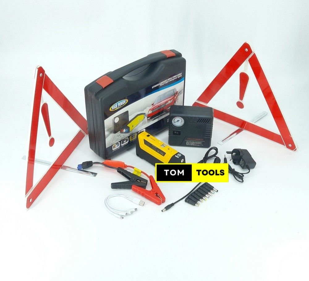 Jump Starter Pack with Inflator, Laptop Charger Connectors, and Hazard Triangles