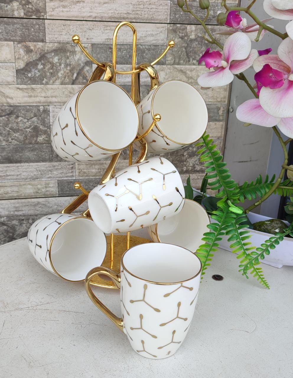 Gold Plated Coffee Mugs Set of 6, Classic Porcelain Coffee Mugs Set Large Handle Cup for Coffee, Tea, Drink, Dishwasher Safe, Easy to Clean & Hold, for Party, Home,Gift