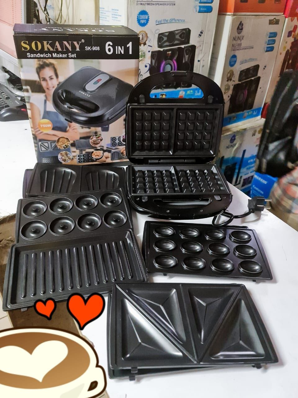 Sokany Electric 6 in 1 Sandwich Maker , Donut, Nuts, Waffle, Maamoul, Toster, Samosa, Large Size, Non-Stick & Removable plates