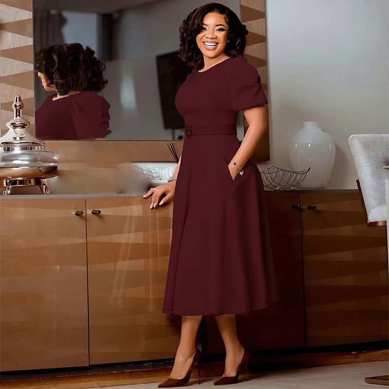 2024 New Women's Dress European And American Round Neck Elegant High Waist Dress Elegant Wrapped Waist Bubble Sleeve A-line Dress African Dress Women's Evening Dress