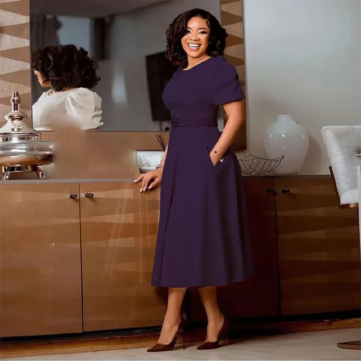 2024 New Women's Dress European And American Round Neck Elegant High Waist Dress Elegant Wrapped Waist Bubble Sleeve A-line Dress African Dress Women's Evening Dress