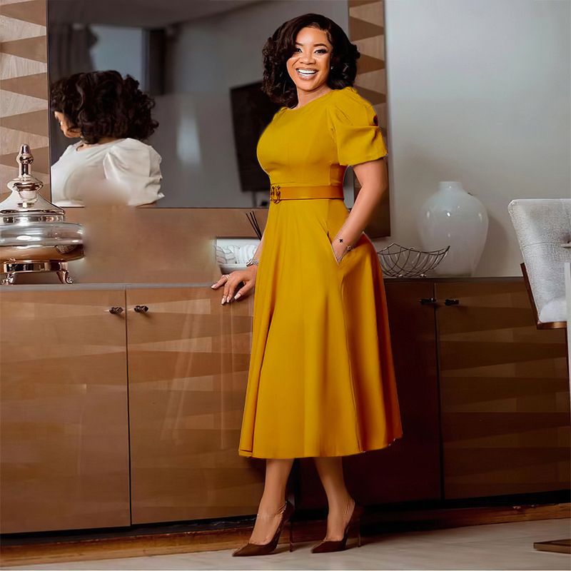 2024 New Women's Dress European And American Round Neck Elegant High Waist Dress Elegant Wrapped Waist Bubble Sleeve A-line Dress African Dress Women's Evening Dress