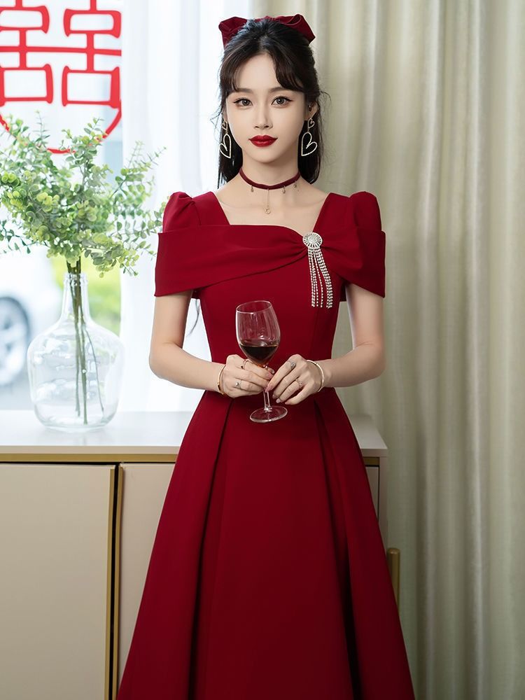 2024 Summer Wedding Toast Bride Engagement Wine Red Dress French High-end Evening Dress Fashion Fringe Dinner Dress Three-dimensional Cutting Technology Diamond Elements Elegant Style