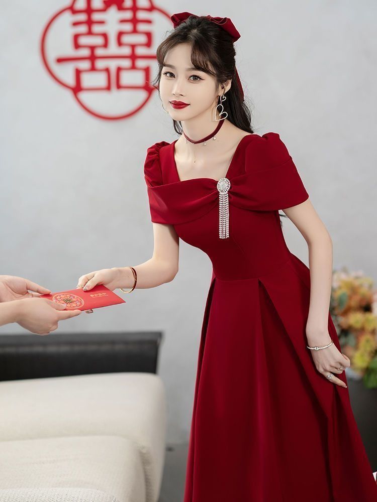 2024 Summer Wedding Toast Bride Engagement Wine Red Dress French High-end Evening Dress Fashion Fringe Dinner Dress Three-dimensional Cutting Technology Diamond Elements Elegant Style