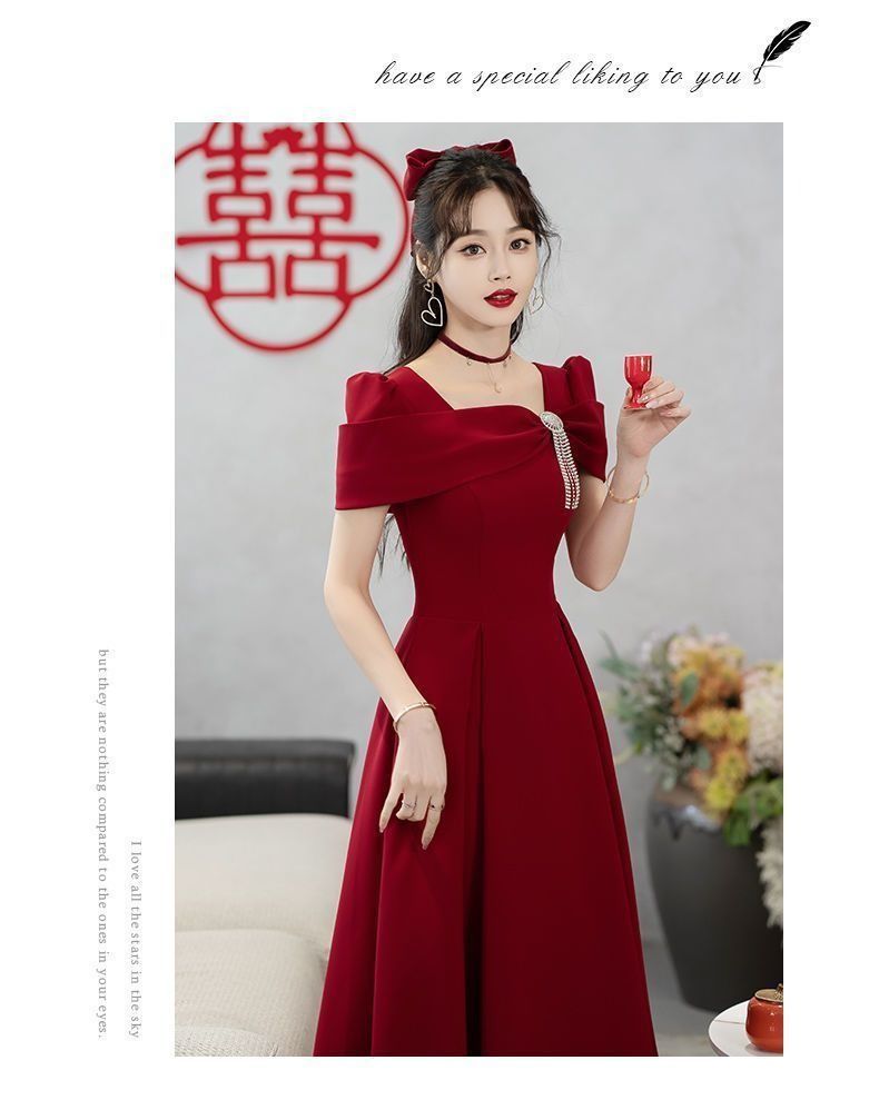2024 Summer Wedding Toast Bride Engagement Wine Red Dress French High-end Evening Dress Fashion Fringe Dinner Dress Three-dimensional Cutting Technology Diamond Elements Elegant Style