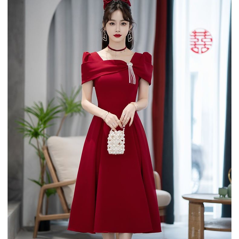 2024 Summer Wedding Toast Bride Engagement Wine Red Dress French High-end Evening Dress Fashion Fringe Dinner Dress Three-dimensional Cutting Technology Diamond Elements Elegant Style