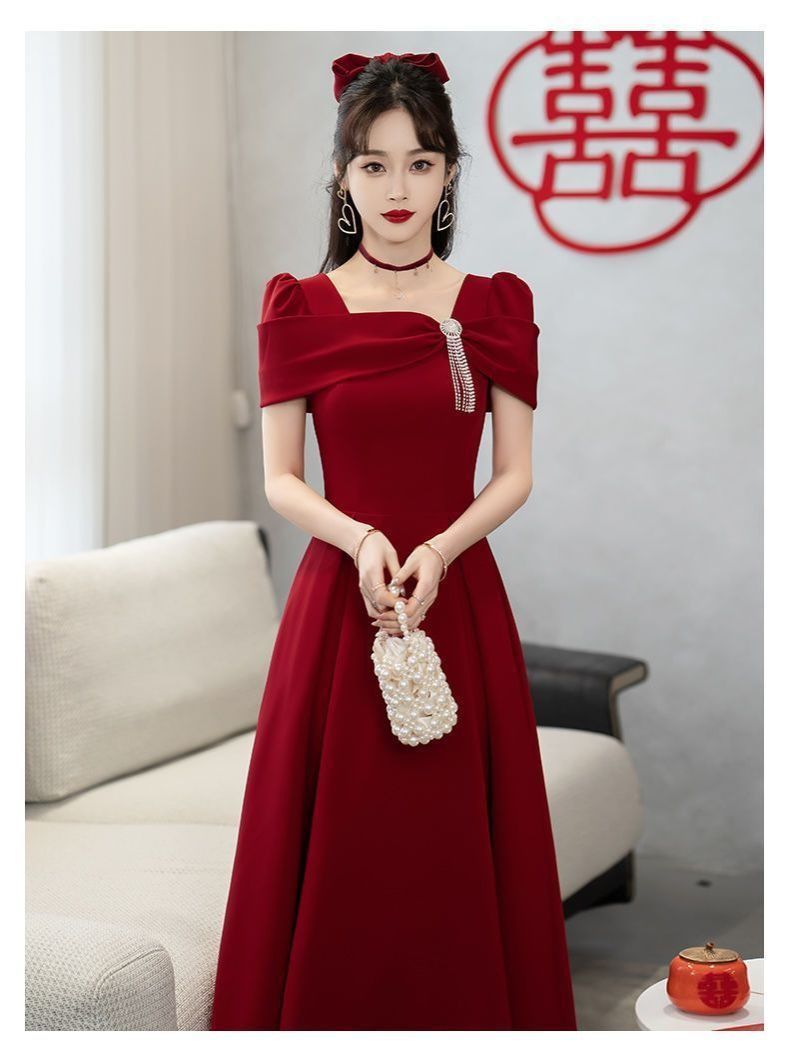 2024 Summer Wedding Toast Bride Engagement Wine Red Dress French High-end Evening Dress Fashion Fringe Dinner Dress Three-dimensional Cutting Technology Diamond Elements Elegant Style