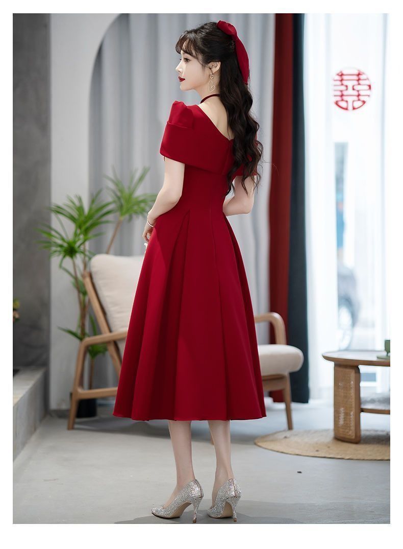 2024 Summer Wedding Toast Bride Engagement Wine Red Dress French High-end Evening Dress Fashion Fringe Dinner Dress Three-dimensional Cutting Technology Diamond Elements Elegant Style