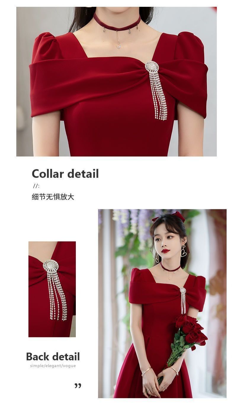 2024 Summer Wedding Toast Bride Engagement Wine Red Dress French High-end Evening Dress Fashion Fringe Dinner Dress Three-dimensional Cutting Technology Diamond Elements Elegant Style