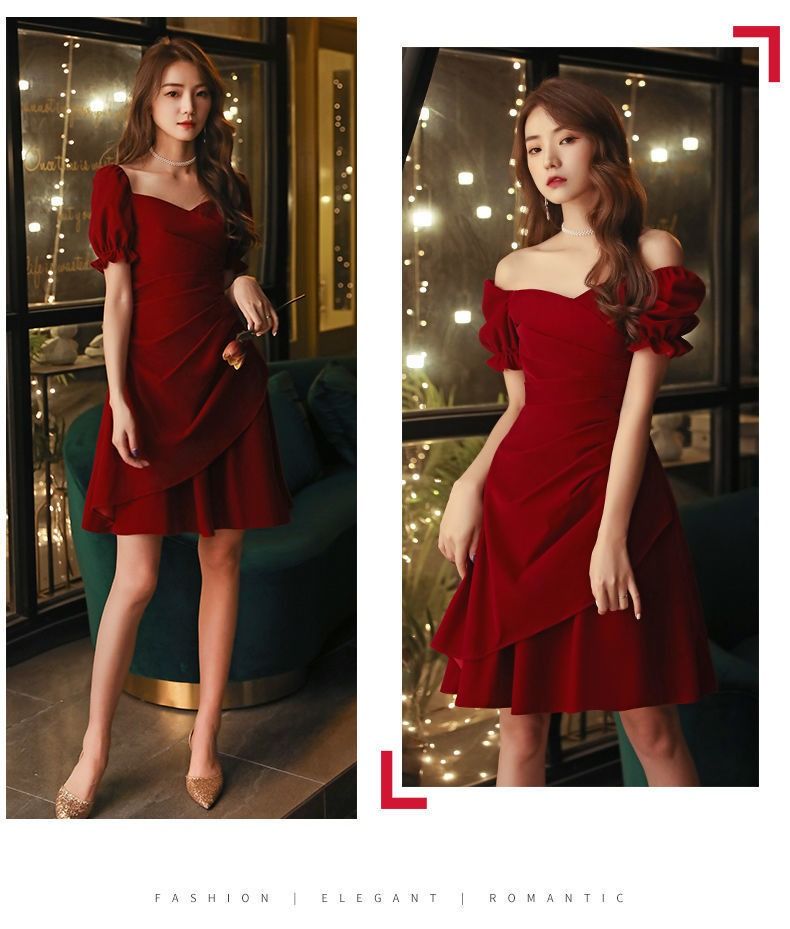 Spring / Summer 2024 Africa Toast Brides Small Dress Wedding Usually Wear Wine Red Dress Evening Wear Solid color Elements Three-dimensional Cut Waist Design Fashion Elegant