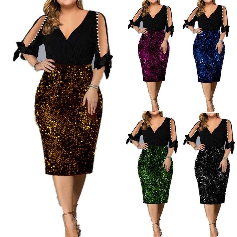 2024 European And American New V-neck Personalized Sequin Design Large Women's Dress Fashion Sequin Evening Dress Party Concert Evening Party Gentle Dress Wrap Hip Dress