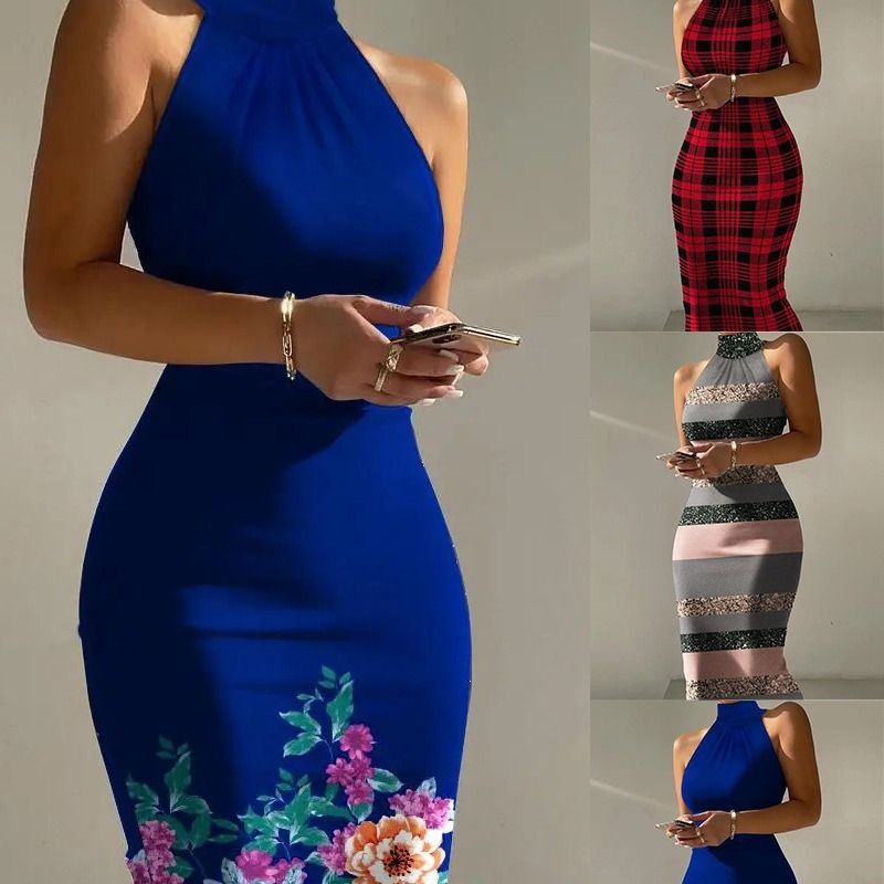2024 Africa Spring Summer New Women's Printed Sleeveless Halter Waist High Neck Wrap Hip Dress Printing Process Comfortable Casual Temperament Commuting Style