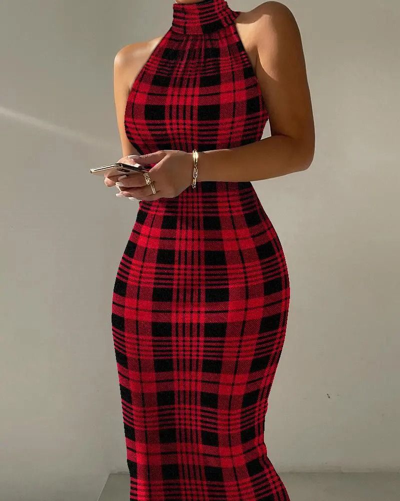2024 Africa Spring Summer New Women's Printed Sleeveless Halter Waist High Neck Wrap Hip Dress Printing Process Comfortable Casual Temperament Commuting Style