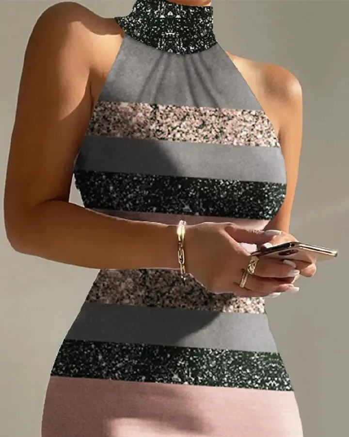2024 Africa Spring Summer New Women's Printed Sleeveless Halter Waist High Neck Wrap Hip Dress Printing Process Comfortable Casual Temperament Commuting Style