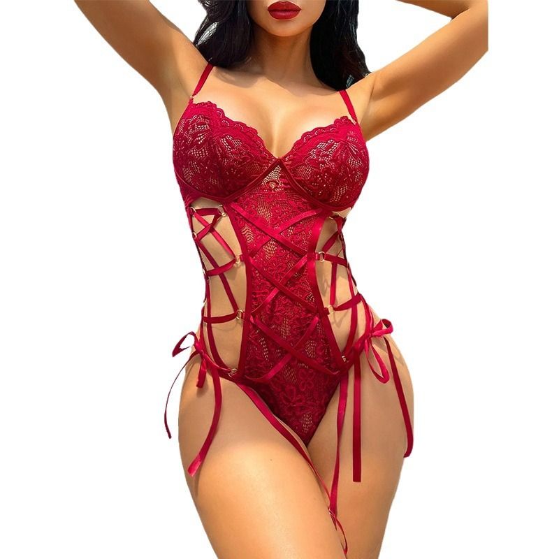 2024 PopularAfrican New Product European And American Fun Underwear Wine Red Flower Lace Hollow jumpsuit Sexy Underwear Set Strap jumpsuit Night Hot Passion Secret Gift