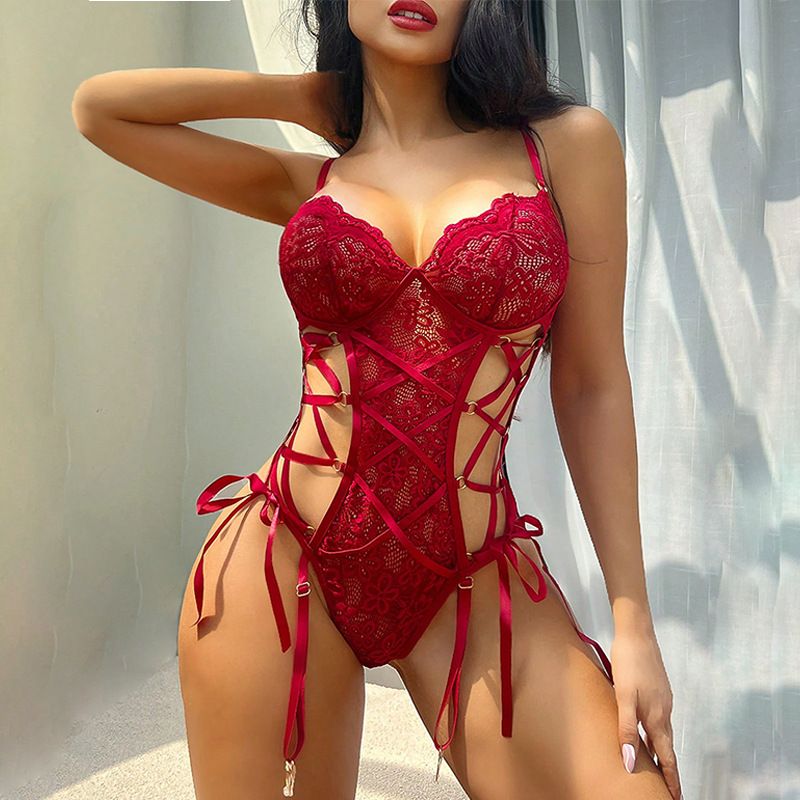 2024 PopularAfrican New Product European And American Fun Underwear Wine Red Flower Lace Hollow jumpsuit Sexy Underwear Set Strap jumpsuit Night Hot Passion Secret Gift