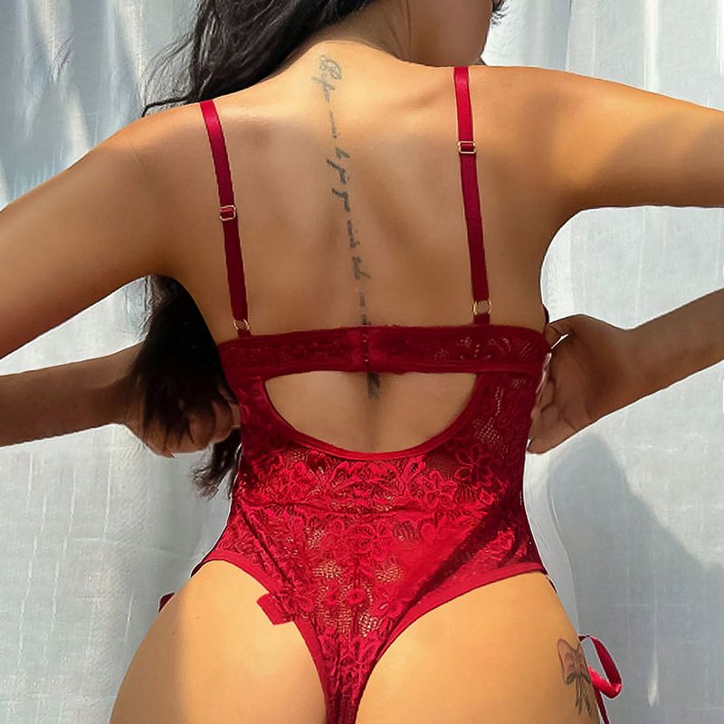 2024 PopularAfrican New Product European And American Fun Underwear Wine Red Flower Lace Hollow jumpsuit Sexy Underwear Set Strap jumpsuit Night Hot Passion Secret Gift