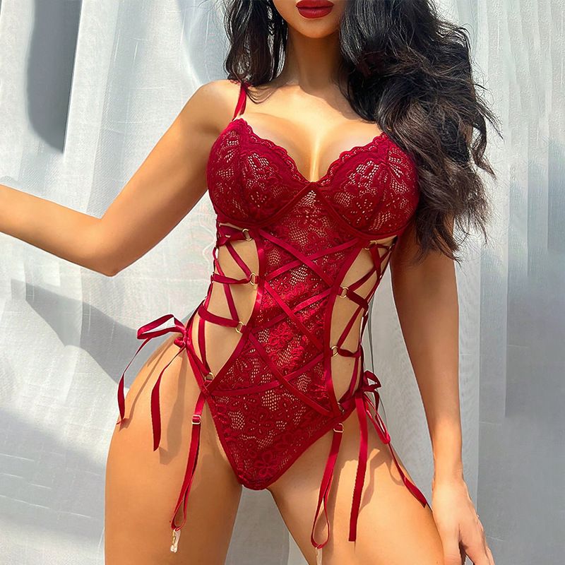 2024 PopularAfrican New Product European And American Fun Underwear Wine Red Flower Lace Hollow jumpsuit Sexy Underwear Set Strap jumpsuit Night Hot Passion Secret Gift