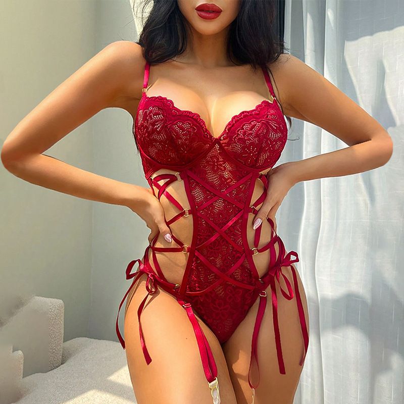 2024 PopularAfrican New Product European And American Fun Underwear Wine Red Flower Lace Hollow jumpsuit Sexy Underwear Set Strap jumpsuit Night Hot Passion Secret Gift