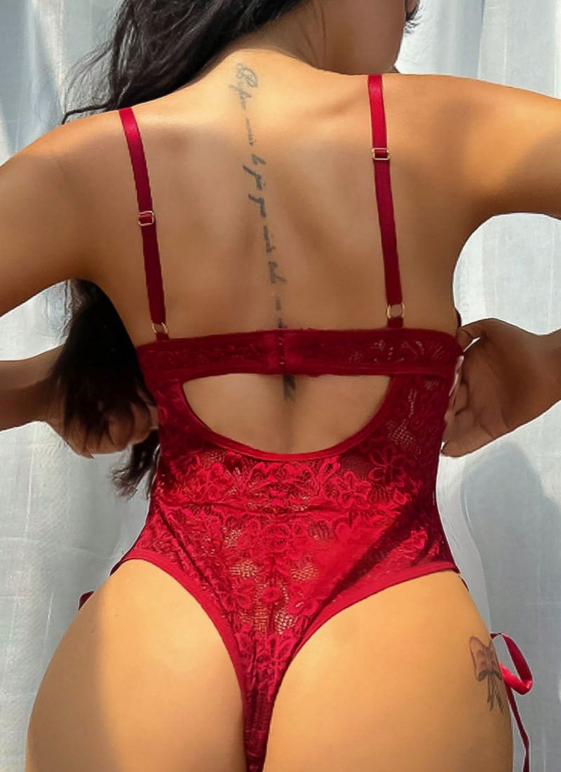 2024 PopularAfrican New Product European And American Fun Underwear Wine Red Flower Lace Hollow jumpsuit Sexy Underwear Set Strap jumpsuit Night Hot Passion Secret Gift