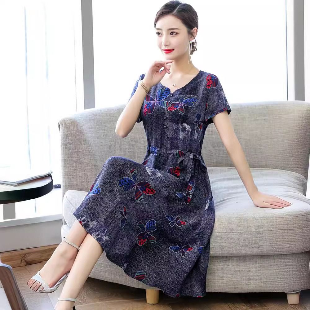 2024 Africa European American Summer Women's High-end Pure Cotton Silk Dress Women's Mid-length Temperament Mother Summer Dress FashionTemperament Elegant Style