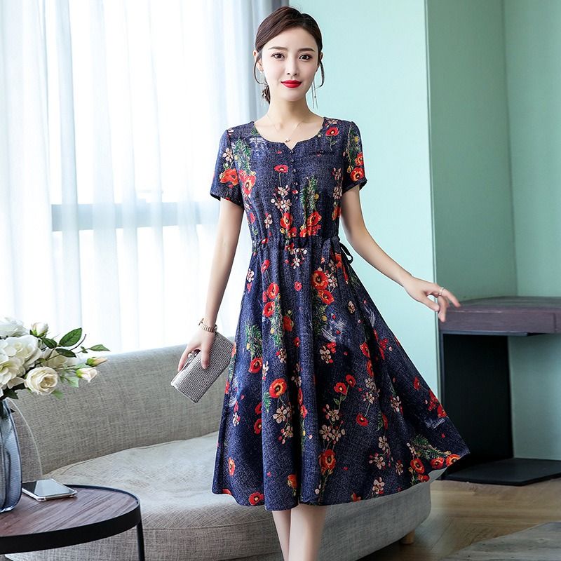 2024 Africa European American Summer Women's High-end Pure Cotton Silk Dress Women's Mid-length Temperament Mother Summer Dress FashionTemperament Elegant Style