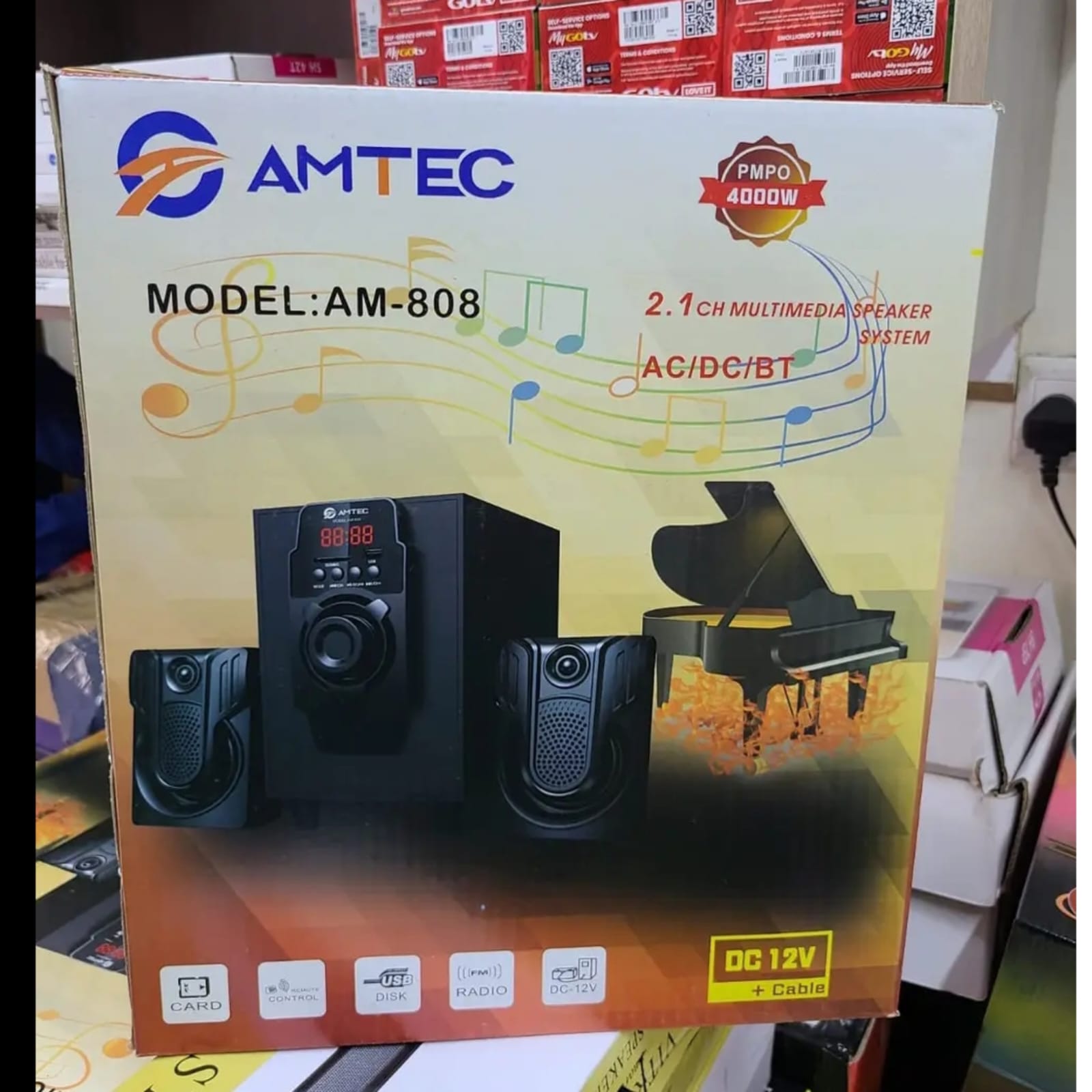 Amtec AM-808 Sub Woofer Sound System -BT/USB/FM-4,000 WATTSAmazing Sound
Super Bass surround
High-tech Multimedia
Aux/FM ready
USB Support
8000W PMPO
Bluetooth
AC/DC
WHAT’S IN THE BOX
Amtec Sub-woofer