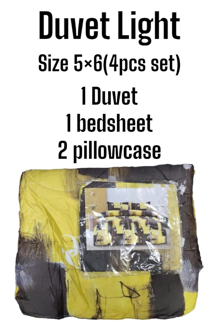 5×6  Duvet Light ( 4pcs set 1 Duvet , 1 Bedsheet and 2 Pillowcases) Cotton Cover with Hollow Fiber Filling
Well stitched and finished for durability
Beautifully designed Soft, durable and luxurious
C