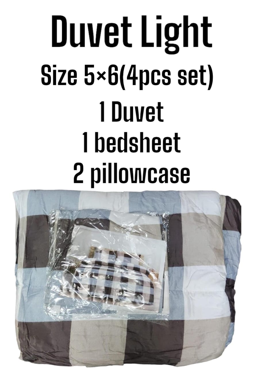 5×6  Duvet Light ( 4pcs set 1 Duvet , 1 Bedsheet and 2 Pillowcases) Cotton Cover with Hollow Fiber Filling
Well stitched and finished for durability
Beautifully designed Soft, durable and luxurious
C
