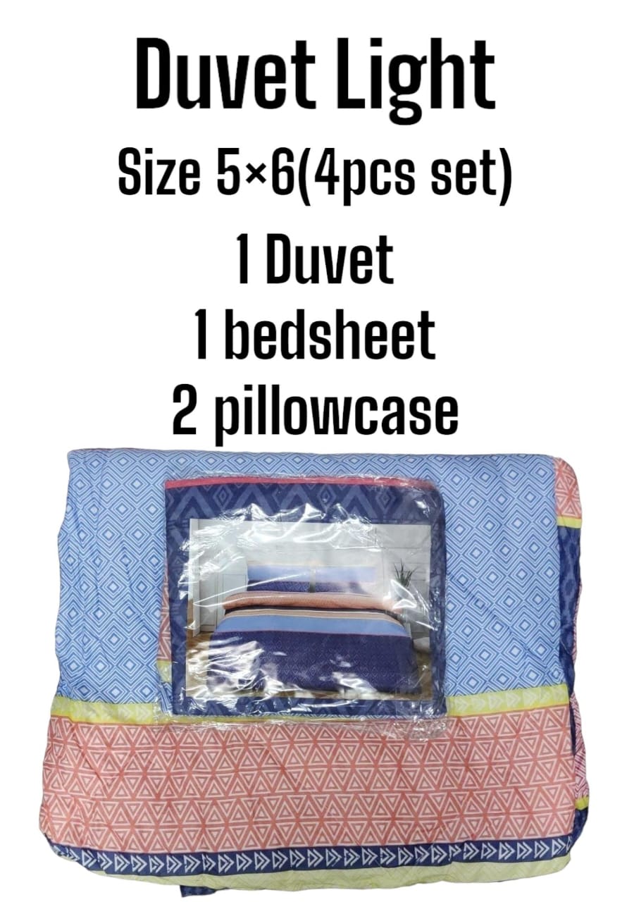 5×6  Duvet Light ( 4pcs set 1 Duvet , 1 Bedsheet and 2 Pillowcases) Cotton Cover with Hollow Fiber Filling
Well stitched and finished for durability
Beautifully designed Soft, durable and luxurious
C