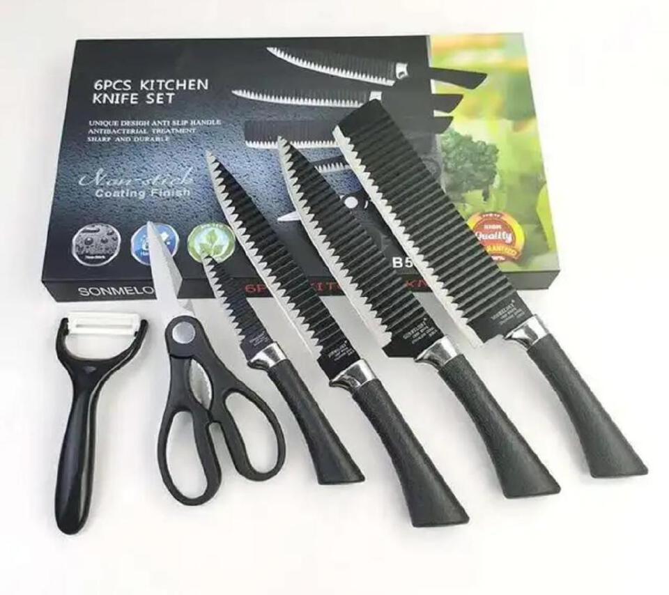 6 Pc Knife Set With Stainless Steel Stand And Rubber Handles