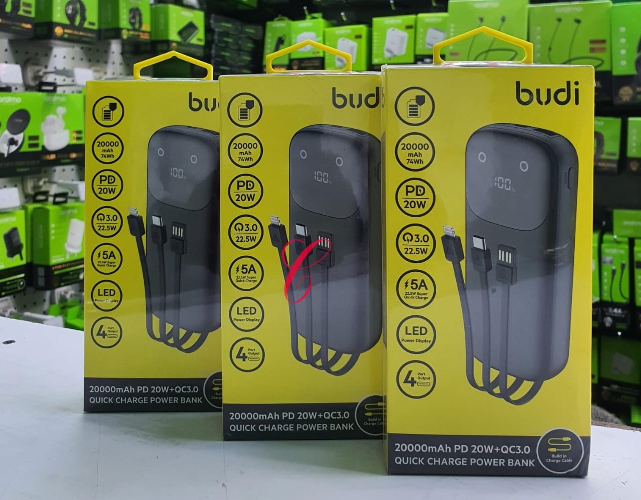 Budi 20000mAH powerbank with attached cables