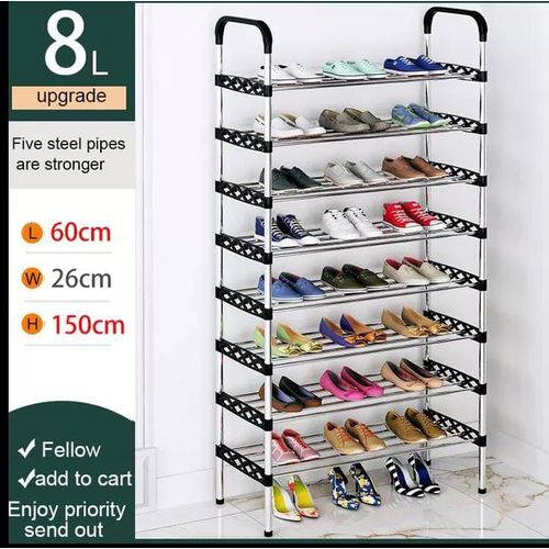 Portable Shoe Rack holding This heavy duty metallic frame is very durable. It's perfect for all your shoe storage needs, highly portable and convenient. Order your Metallic