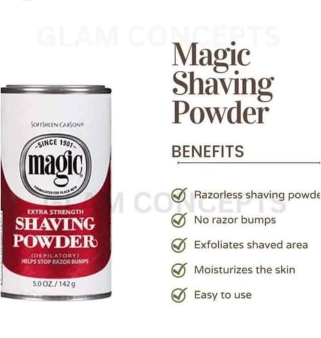 Magic Shaving Powder Extra Strength. A shaving powder (depilatory) formulated for black men to help stop razor bumps. Provides a clean, shave that lasts up to few days