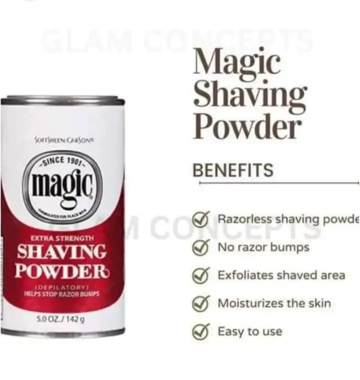 Magic Shaving Powder Extra Strength. A shaving powder (depilatory) formulated for black men to help stop razor bumps. Provides a clean, shave that lasts up to few days