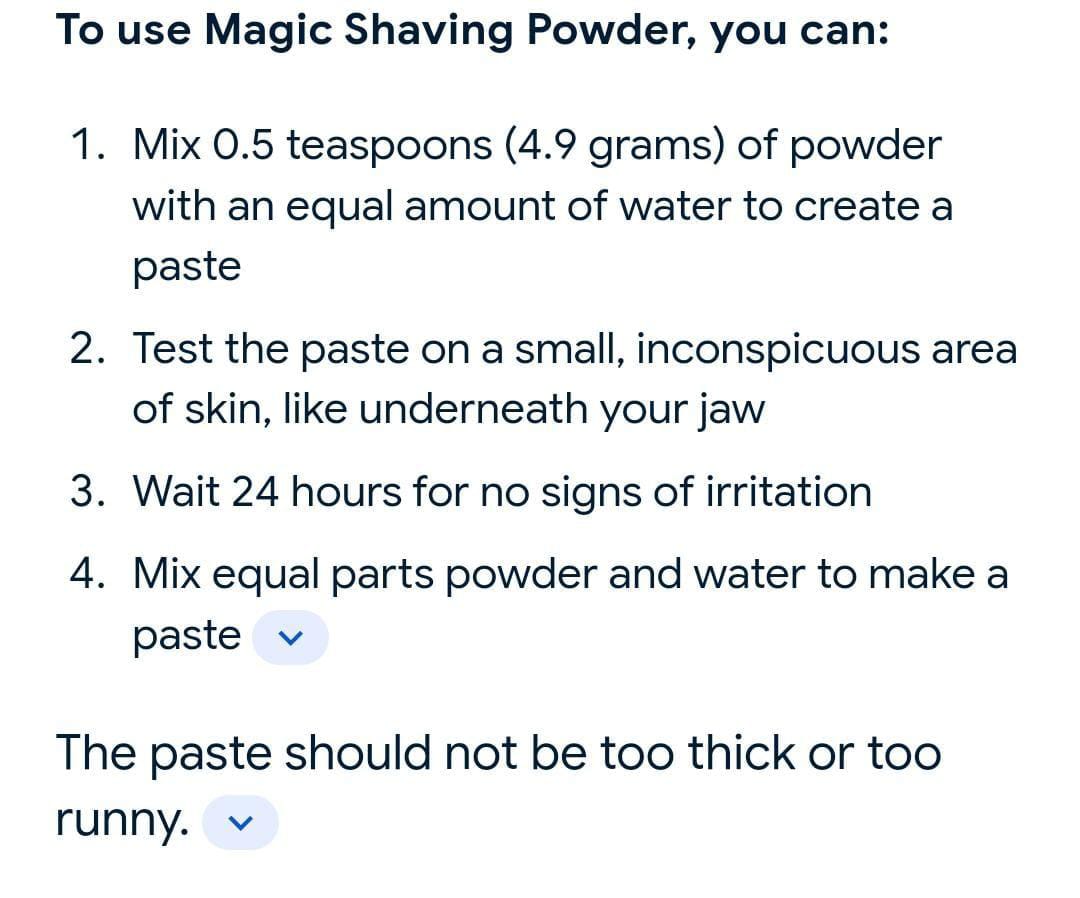 Magic Shaving Powder Extra Strength. A shaving powder (depilatory) formulated for black men to help stop razor bumps. Provides a clean, shave that lasts up to few days